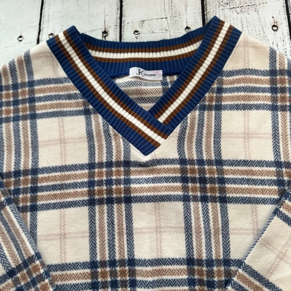 JK Studio Plaid‎ Varsity V-Neck Oversized Sweater